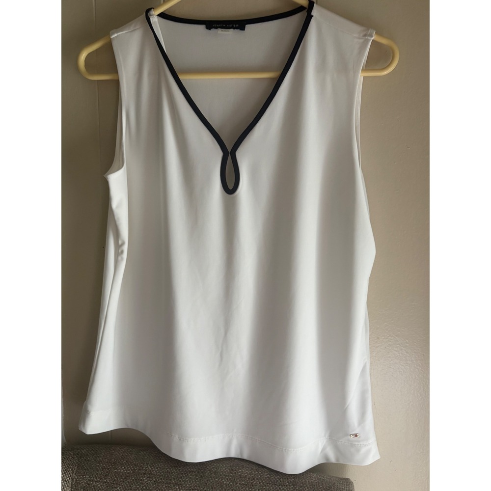 Tommy Hilfiger Womens Sleeveless Keyhole V-Neck Blouse White Navy Blue Size M